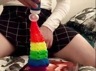 T-Girl riding Large Rainbow Toy in her Petite Ass