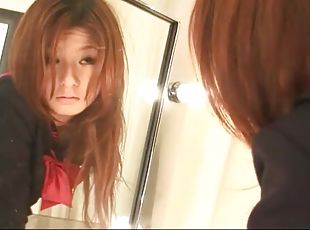 Costume on cute masturbating Japanese girl