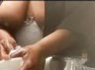 NATURAL EBONY FLASHING HER BIG TITS WHILE DOING DISHES HOME ALONE WITH HER STEP DAD