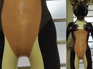 Latex Bastet Wears Transparent Swimsuit and Cum