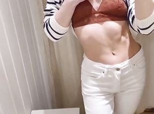 Nipple play in fitting room! Girl in shopping mall trying bras on haul