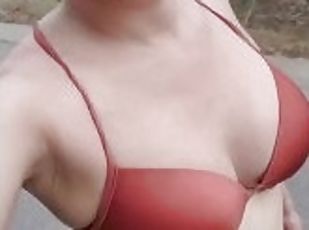 Bikini trans girl walking around cock hanging out