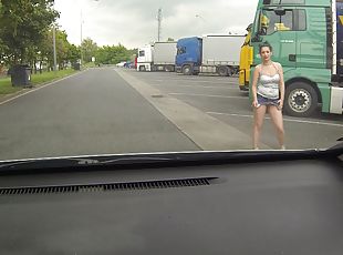 Real blonde Czech hooker picked up between trucks for quick sex
