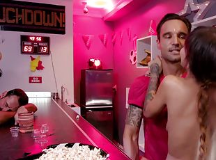 Tattooed guy fucks skinny brunette with perky tits in the bar