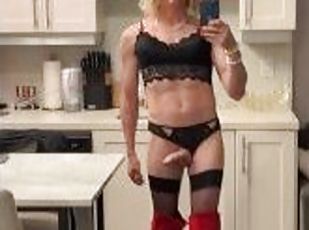 Trans female in lingerie with hard cock mastrubating