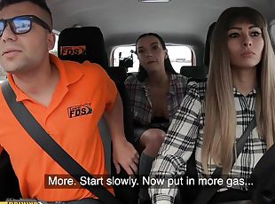 Czech Threesome in car Massive Tits Babes Dominno And Lady Gang Screw Instructor - Dominno