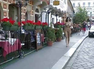 Hot girl walks by restaurants naked