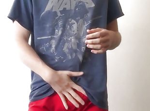 Twink in booty shorts has a huge cumshot 