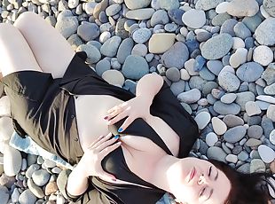Mistress Lara Touches Her Big Boobs In Bikini On The Beach