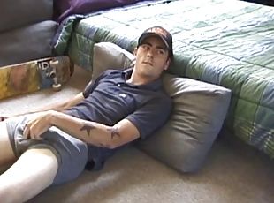 Dan lays down on the floor and turns on a porn video. He goes straight on his cock and plays with himself until he gets hard. Rolls his head with h...