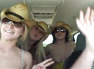 Cowgirl chicks showing off bodies in car