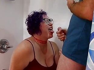 Cumshot facial from three different angles lots of cum on her glasses