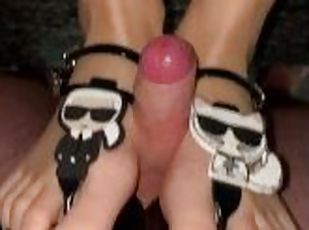He really likes to ruin my sandals (Big Cumshot, Footjob, Sexy Toes)