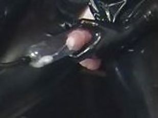 HUGE CUMSHOT IN PUMP Latex slave pup enjoys breath control dick pump rubber boy FULL encasment