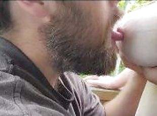 Sucking on my big natural tits outside, enjoying morning foreplay