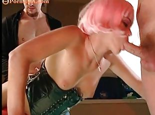 Sexy pink hair and a tight corset on their threesome slut