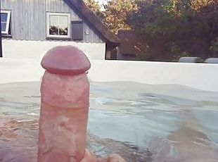 store-pupper, feit, hårete, svær, brystvorter, utendørs, kone, cumshot, handjob, bbw