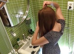 Cutest Redhead Petite Girlfriend does a Hairdo in the Bathroom No Panties No Bra in a Sexy Sundress