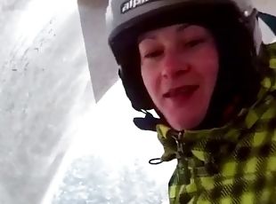 Public ski lift brunette