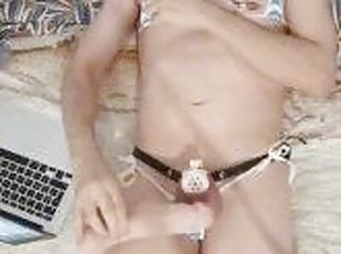 Twink in bikini touch his nipples and hit his balls until he cum in chastity